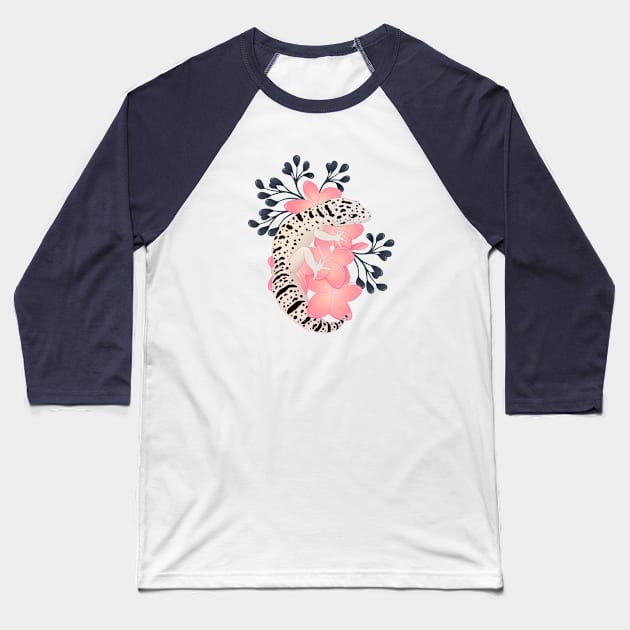 Leopard Gecko, Mack Super Snow, and Frangipani Flowers Baseball T-Shirt by anacecilia